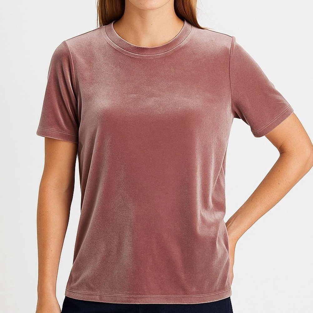 Elevated Basic T-shirt Velveteen Statement Top S-Sleeve Side Slit Dusty Rose M